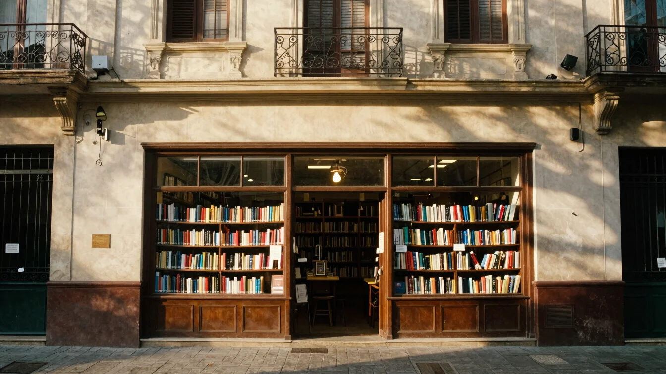 Fotografía editorial de la fachada de una librería independiente