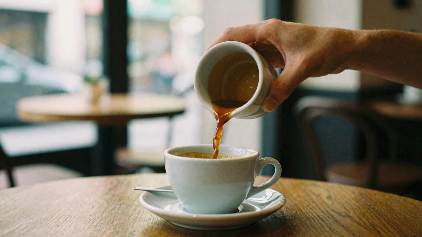 Close-up of a hand pouring coffee into a ceramic cup at a cozy ca