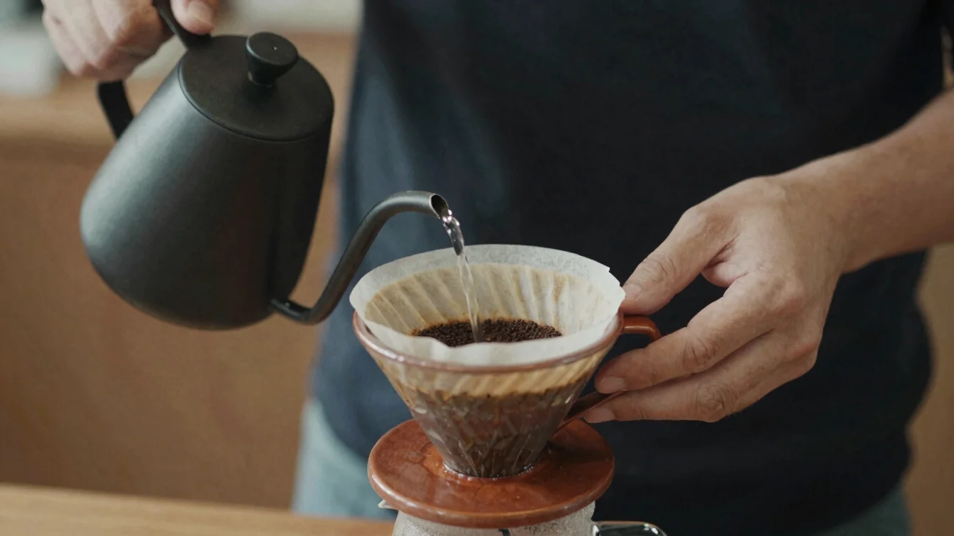 Close-up of hands pouring hot water into a V60 coffee dripper, soft natural daylight, rich coffee tones, subtle film gra