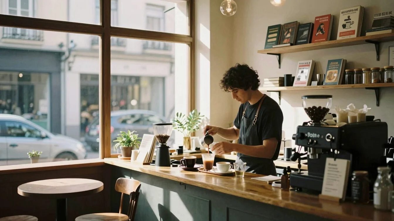 Interior of a cozy Buenos Aires coffee shop, sun streaming through a window, a barista preparing a drink, books on shelv