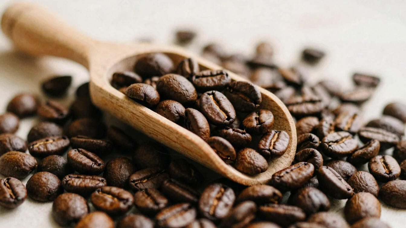 Close-up of roasted coffee beans in a wooden scoop, subtle film grain, warm editorial photography, soft natural daylight