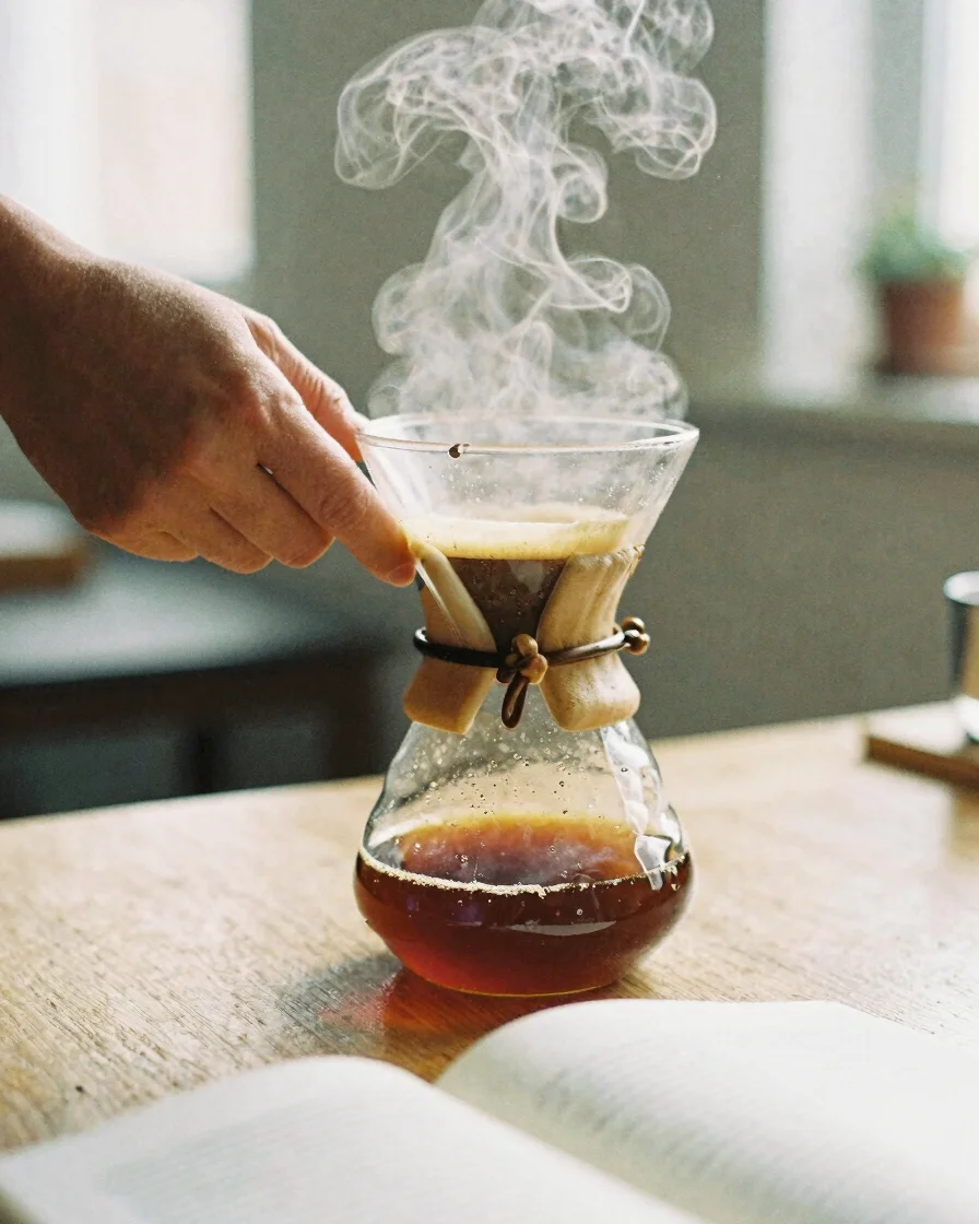 Hands holding a Chemex coffee maker, steam rising, soft natural daylight, a book open on the table, rich coffee and warm