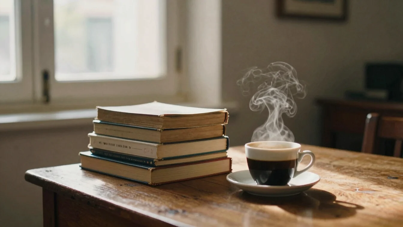 A stack of well-worn books on a wooden table next to a steaming coffee cup, soft morning light from a window, subtle fil
