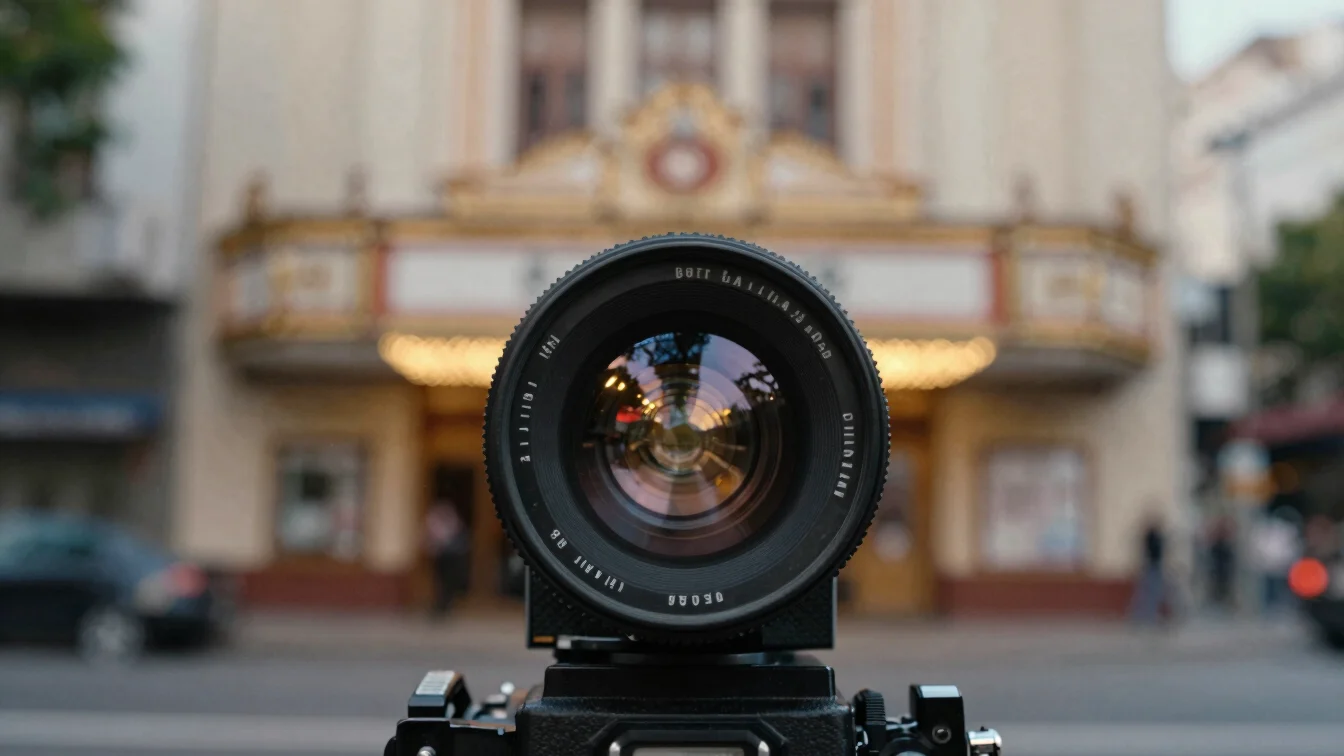 A vintage film camera lens reflecting city lights, with a blurred background of an old cinema facade in Buenos Aires, so