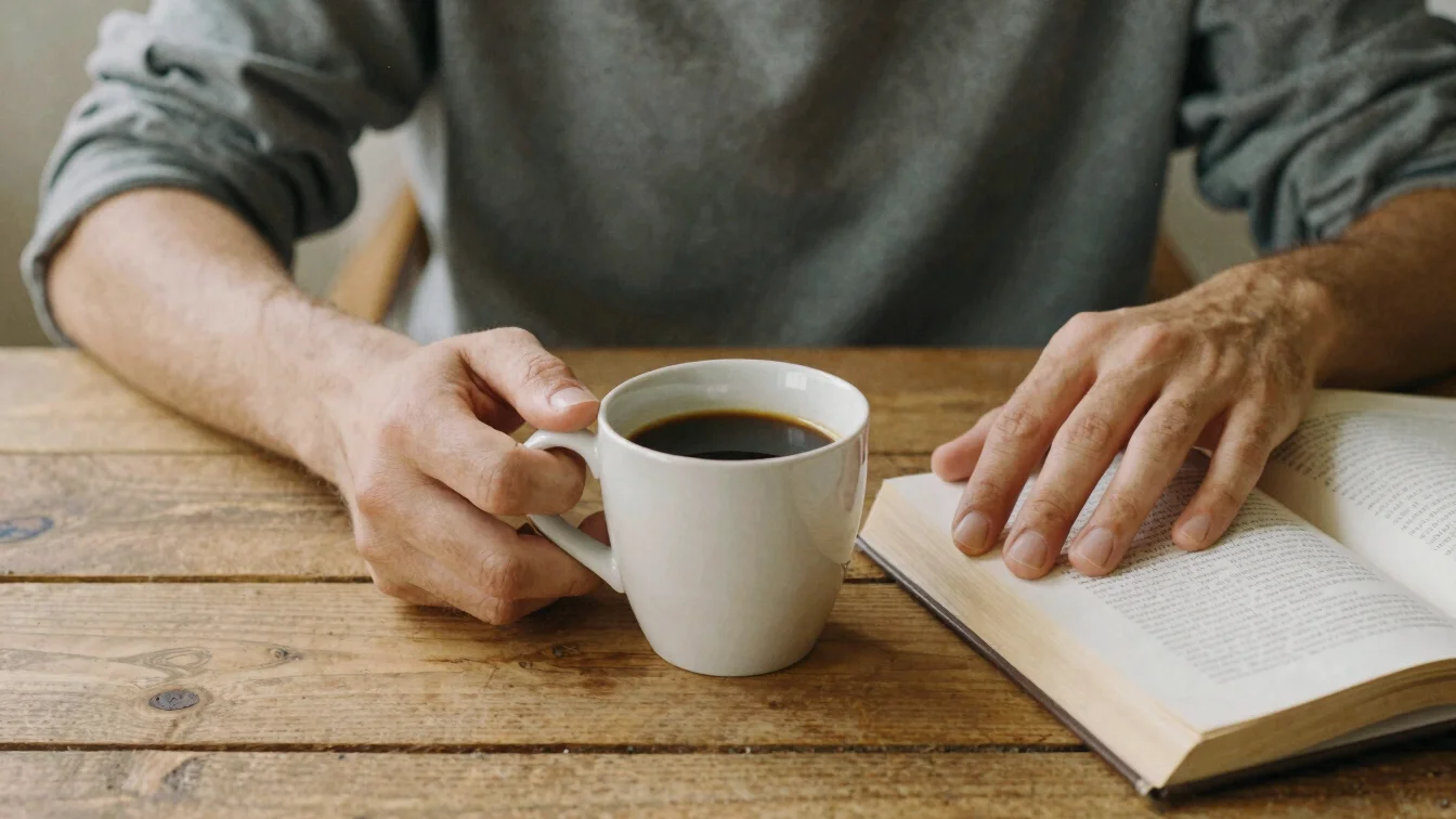 Fotografía editorial de manos sosteniendo una taza de café recién